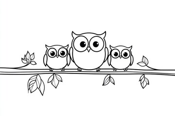 Fototapeta premium A charming owl family sits together on a branch, perfect for children's coloring activities, inviting creativity and imagination in a simple design