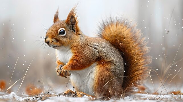 A red squirrel stands on its hind legs in the snow, looking at the camera, with its tail bushy.