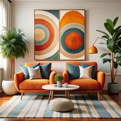 A modern living room features two plush, colorful chairs—one orange and one blue—complemented by matching cushions.