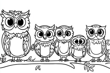 Fototapeta premium A delightful owl family coloring book page for kids featuring a whimsical design with charming outlines ready to be filled in, perfect for creative fun and relaxation
