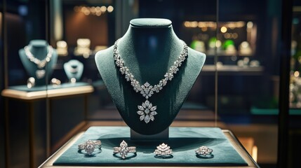 A luxury jewelry store display with diamond necklaces and rings, showcasing the allure of high-end jewelry