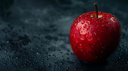 Red Apple with Water Drops on Black Background