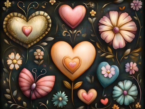 Dreamlike Surreal Whimsical Love Themed Doodle Set with Colorful and Abstract Floral Elements