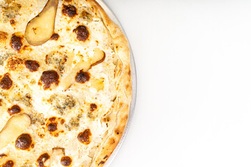 Cheese pizza with pear close-up. Background