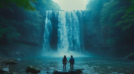 Fototapeta premium A dynamic scene of a couple standing at the base of a waterfall, the mist swirling as they hold hands, with the powerful cascade of water creating a sense of awe and wonder,