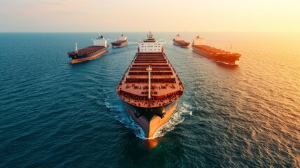 Cargo Ships Sailing on Open Ocean at Sunset