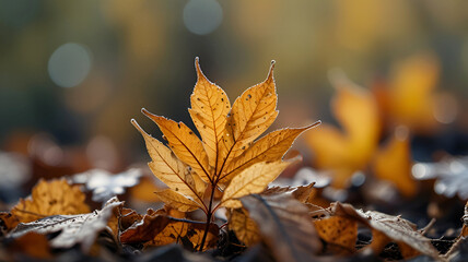 Autumn leaves on the ground, Defocused dry autumn leaves in nature. Ai generative