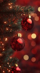 Christmas Tree Ornament Close Up With Red and Gold Lights