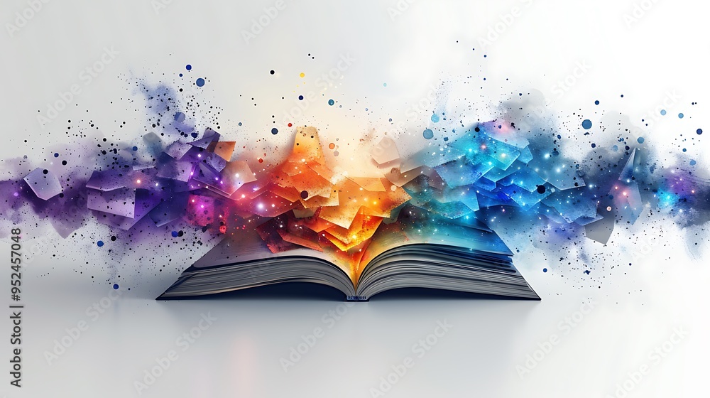 Poster open book with colorful abstract shapes and glowing lights bursting from the pages.
