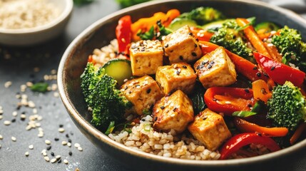 A close-up of a healthy stir-fry with tofu, vegetables, and brown rice, served in a bowl for a balanced meal