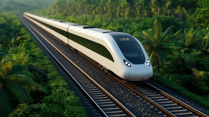 Naklejka premium Modern Train on Railway Tracks Through Lush Tropical Jungle