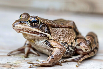 Naklejka premium a frog sitting on a wooden surface with its eyes open