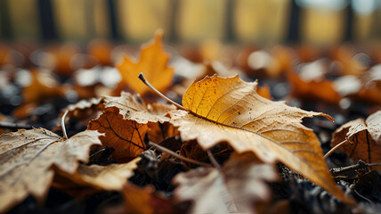 Autumn leaves on the ground, Defocused dry autumn leaves in nature. Ai generative
