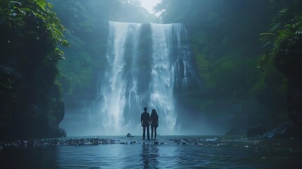 Obraz premium A powerful scene of a couple standing at the base of a waterfall, the mist swirling as they hold hands, with the roaring water creating a dramatic and awe-inspiring backdrop,