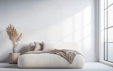 Bedroom interior design composition with an elegant bed, minimalist furniture and natural lighting.