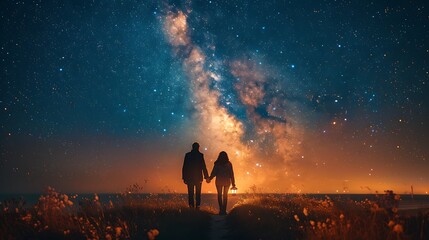 Fototapeta premium A romantic walk under the stars, with the couple holding a lantern to light their path, the night sky filled with twinkling stars, their campsite visible in the background,