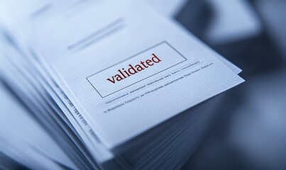 Close-up Photo of a Stack of Approved Business Documents with a "Validated" Stamp on a Plain White Background