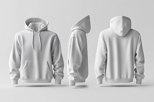Three white hoodies are shown in a row, with the hoods up