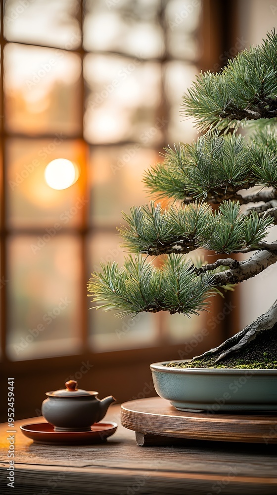 Poster a bonsai tree sits in a pot on a wooden table with a teapot on a small tray beside it. the sun shine