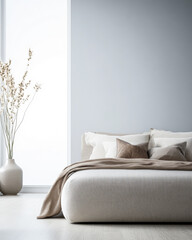 Bedroom interior design composition with an elegant bed, minimalist furniture and natural lighting.