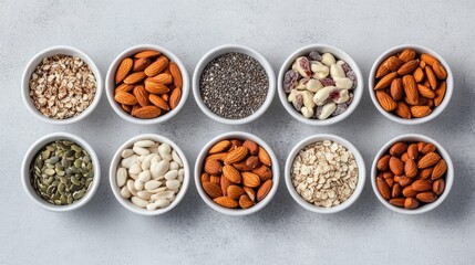 A flat lay of various nuts, seeds, and dried fruits in small bowls, representing healthy snack options