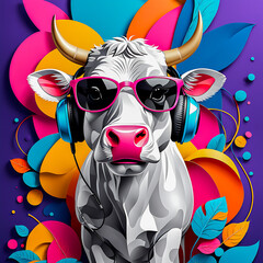 Fototapeta premium Cow with headphones and sunglasses illustration on the abstract background.