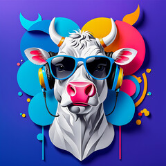 Cow with headphones and sunglasses illustration on the abstract background.