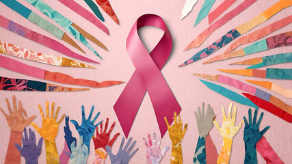 A collage of hands reaching towards a large pink ribbon in the center, each hand made from different textures and materials, symbolizing the support and care surrounding those affected by chest cancer