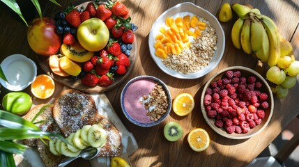 Fototapeta premium A healthy breakfast spread with fresh fruits, whole-grain toast, and a smoothie bowl on a wooden table