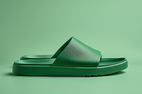 A pair of green sandals with a green sole