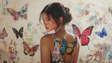 Fototapeta premium Intricately detailed oil painting of a young Asian woman, showcasing a vibrant butterfly tattoo on her back with a graceful pose