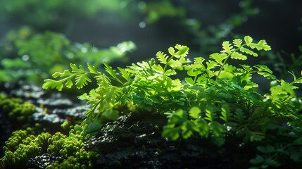 Close-up of vibrant green moss and fern leaves growing on a damp forest floor, illuminated by soft, natural sunlight.