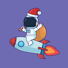 Astronauts Wearing Santa Hat On Top of A Rocket.