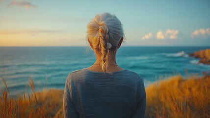Fototapeta premium A woman with long hair is standing on a grassy hill overlooking the ocean