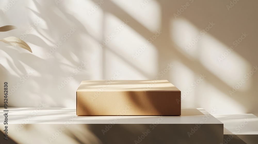 Poster minimalist mockup of elegant rectangular cardboard package with branding space in soft lighting sett