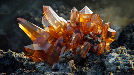 A cluster of sharp, translucent orange crystals emerging from a rocky surface, glistening under natural light.