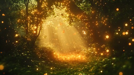 Dreamlike enchanted forest with glowing elements ethereal creatures soft-focus