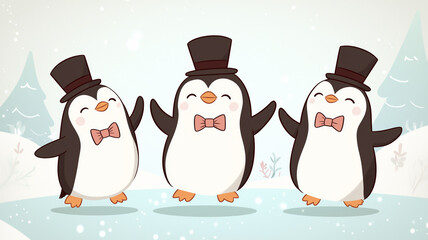 Obraz premium Dancing penguins wearing bow ties and top hats, on a sparkling ice rink, Cute Cartoon, Digital Illustration, Cool Tones