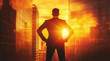 Silhouette of a businessman standing with his hands on his hips in front of a modern glass building, against a backdrop of a bright sunset.