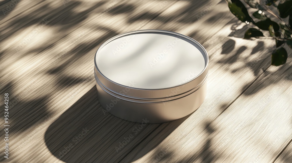 Poster realistic round tin container mockup on wooden surface with blank label in natural lighting and shad