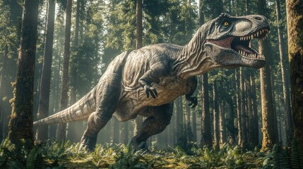 A detailed 3D rendering of a Tyrannosaurus Rex hunting in a dense forest, with prey in sight