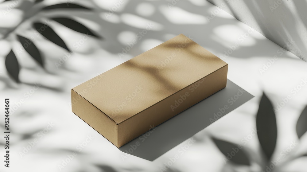 Poster minimalist mockup of rectangular cardboard box with blank label for branding on white background