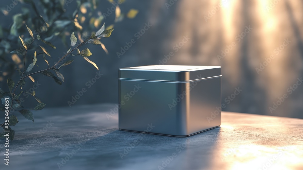 Poster premium square metal tin mockup with blank label in realistic environment with soft lighting and ref