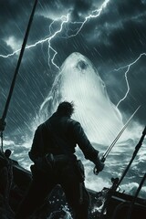 A dramatic depiction of Captain Ahab facing the mighty Moby Dick amidst a violent storm, symbolizing man's obsessive struggle against nature in the classic literary tale.