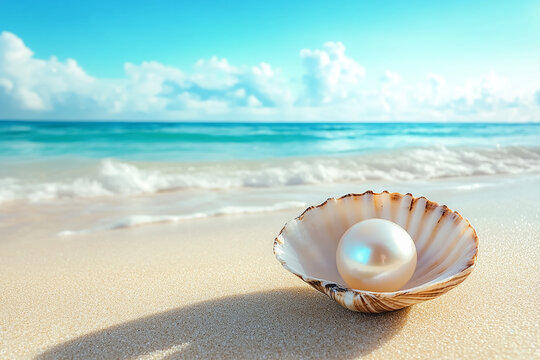 pearl on shell in a beach generated by AI