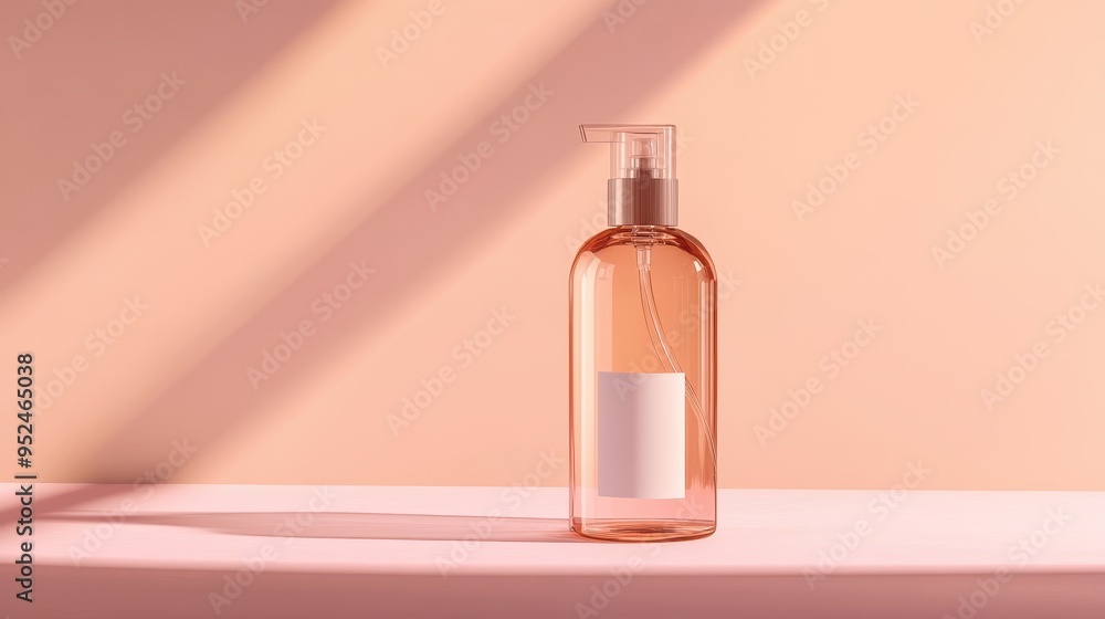 Poster realistic spray bottle mockup with blank label on neutral background with soft reflections and shado