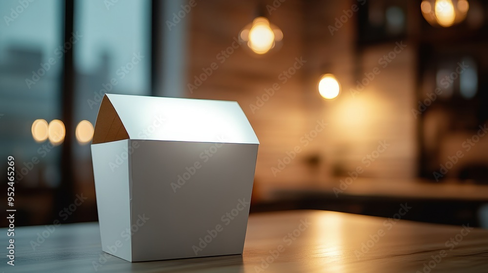 Aufkleber minimalist mockup of takeaway food box with blank label for custom design in soft light setting