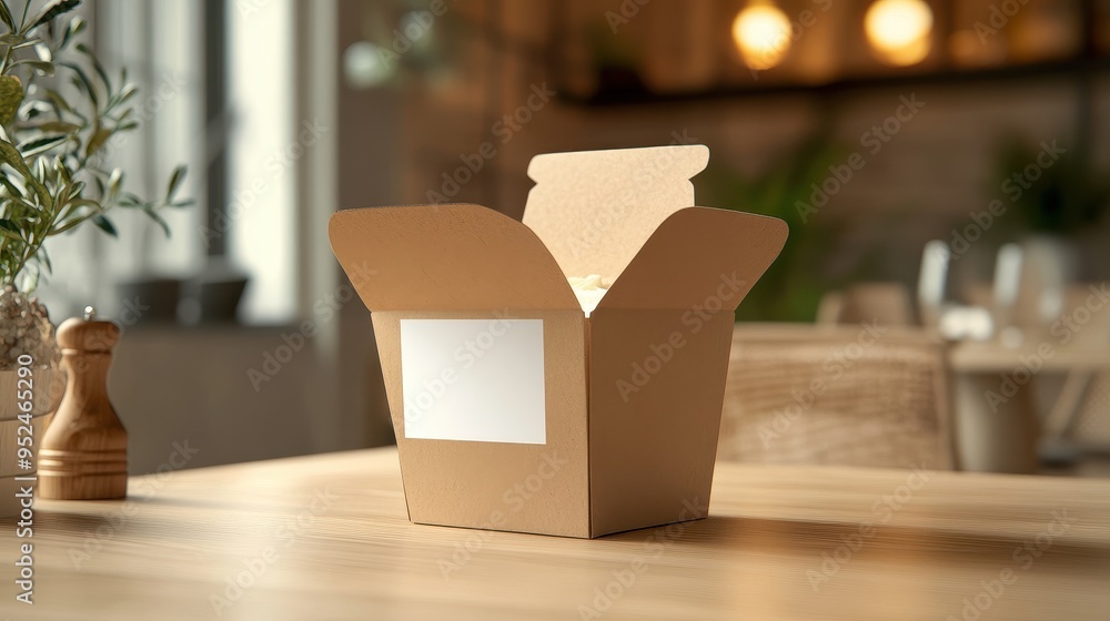 Poster minimalist takeaway food box mockup with customizable label area and soft lighting in modern setting