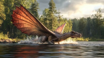 Fototapeta premium A realistic 3D model of a Spinosaurus swimming in a river, its large sail fin breaking the surface of the water