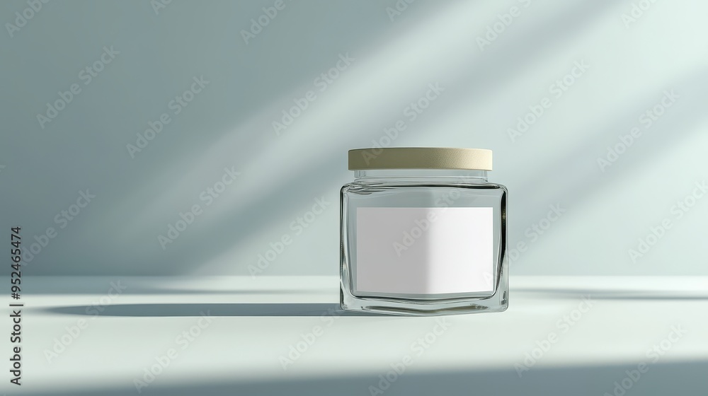 Poster blank square glass jar mockup on plain background with soft shadows - high-resolution template for p